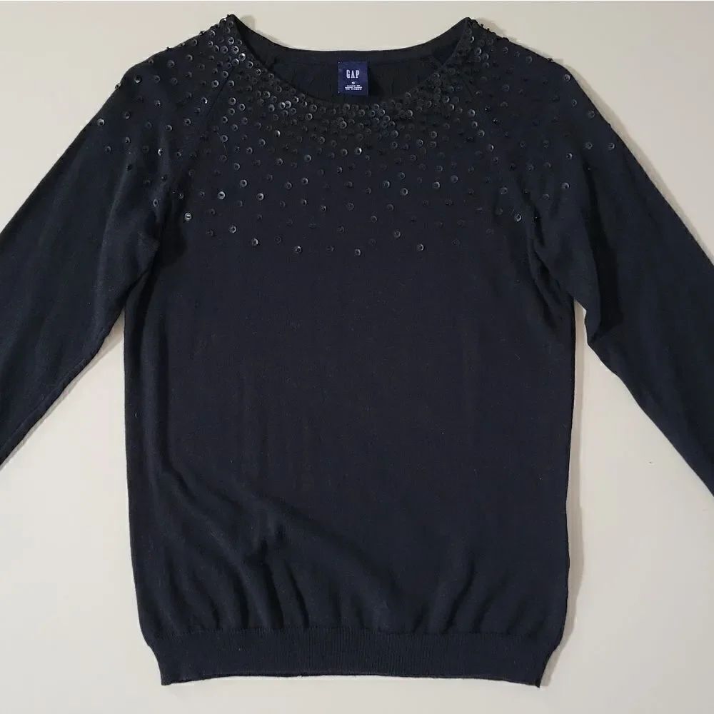 Gap Women's Black Elbow-length Roundneck Sequin & Bead Bodice Pullover Sweater